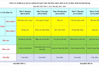 Thực đơn ăn bán trú tuần 2 tháng 12/2025