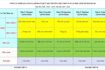 Thực đơn ăn bán trú từ 19/01/2026 đến 23/01/2026