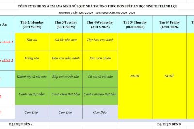 Thực đơn ăn bán trú tuần 4 tháng 12 /2025