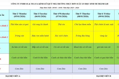 Thực đơn ăn bán trú tuần 1 tháng 1/2026