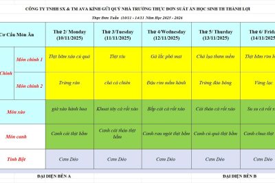Thực đơn ăn bán trú tuần 2 tháng 11/2025