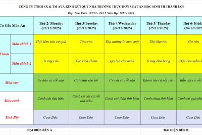 Thực đơn ăn bán trú tuần 4 tháng 12/2025