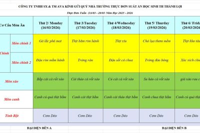 Thực đơn từ ngày 16/03/2026 đến 20/03/2026