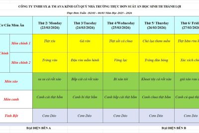 Thực đơn ăn bán trú từ ngày 23/03/2026 đến ngày 27/03/2026