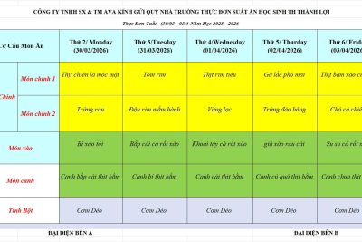 Thực đơn ăn bán trú tháng 3