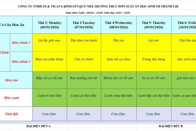 Thực đơn ăn bán trú từ 06/04/2026 đến 10/04/2026